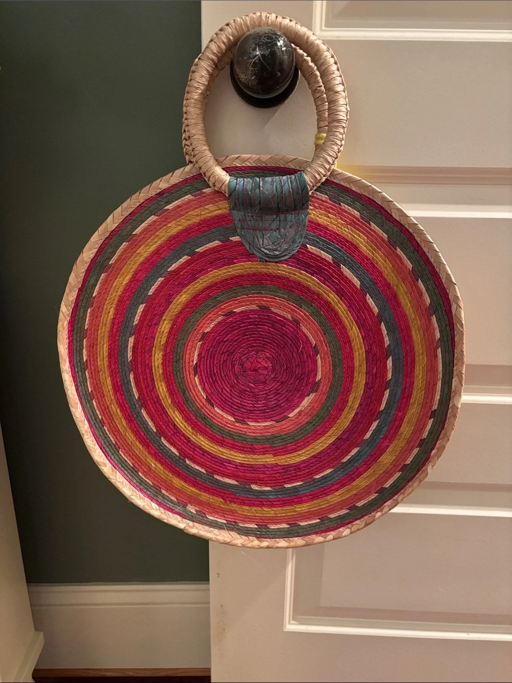 Handwoven Round Tote in Multicolors with Yellow Tassel